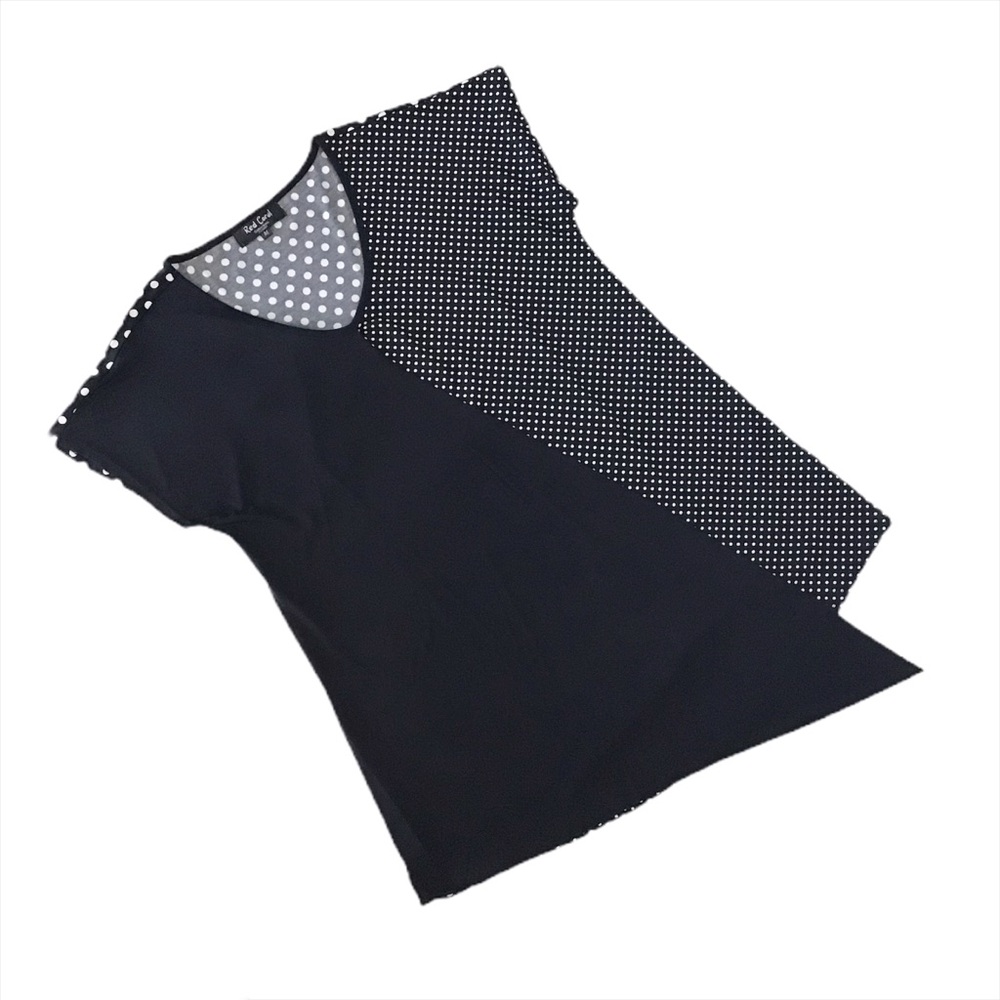 Red Coral Black and White Polka Dot Layered Front Short Sleeve Top, Medium